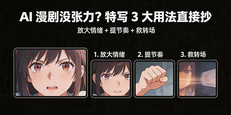 AI 漫剧太平淡没张力？特写 3 大万能用法，新手直接抄完爆播